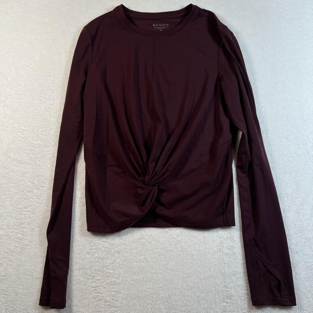 Athleta Shirt Womens XS Red Long Sleeve Crew Neck Twist Front Top Athletic Yoga